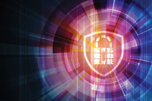 An abstract digital graphic representing cybersecurity features a glowing shield and padlock icon surrounded by concentric tech circles in vibrant pink, purple, and blue tones.